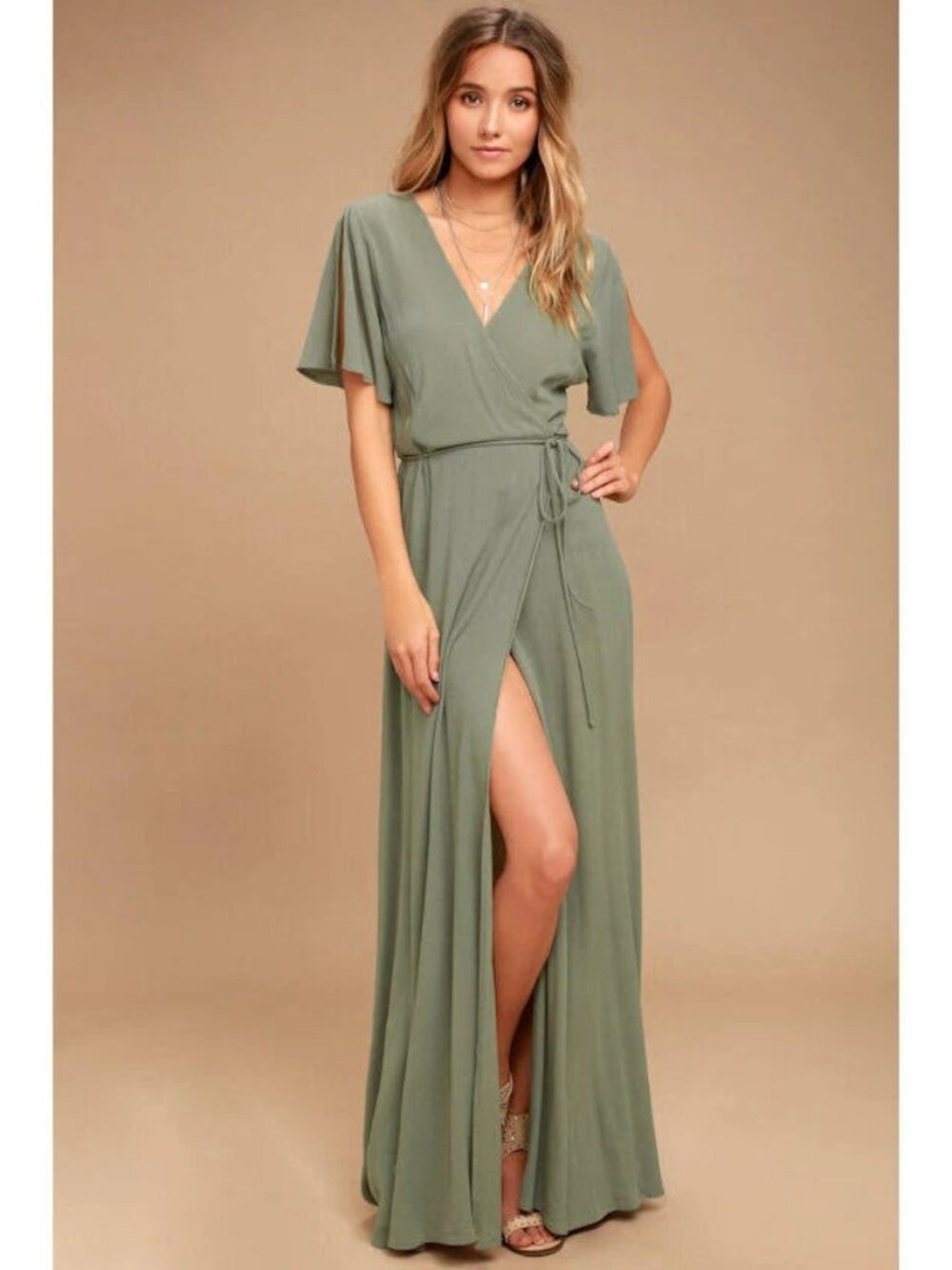 Lulus Much Obliged Washed Olive Green Wrap Maxi Dress Small New